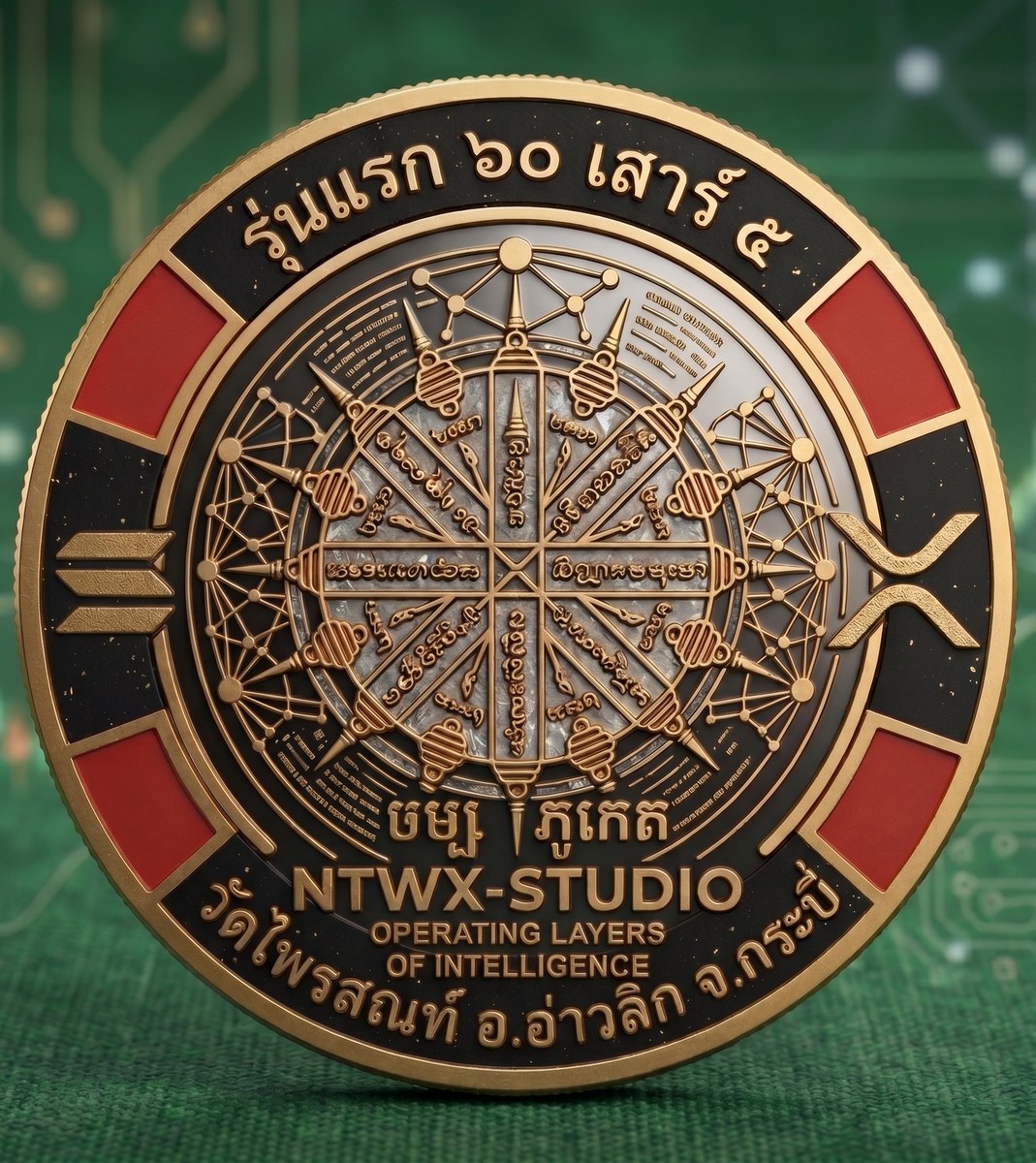 Physical NTWX-STUDIO gold medallion with ornate black and red detail, reading Operating Layers of Intelligence, photographed as an IRL access invite